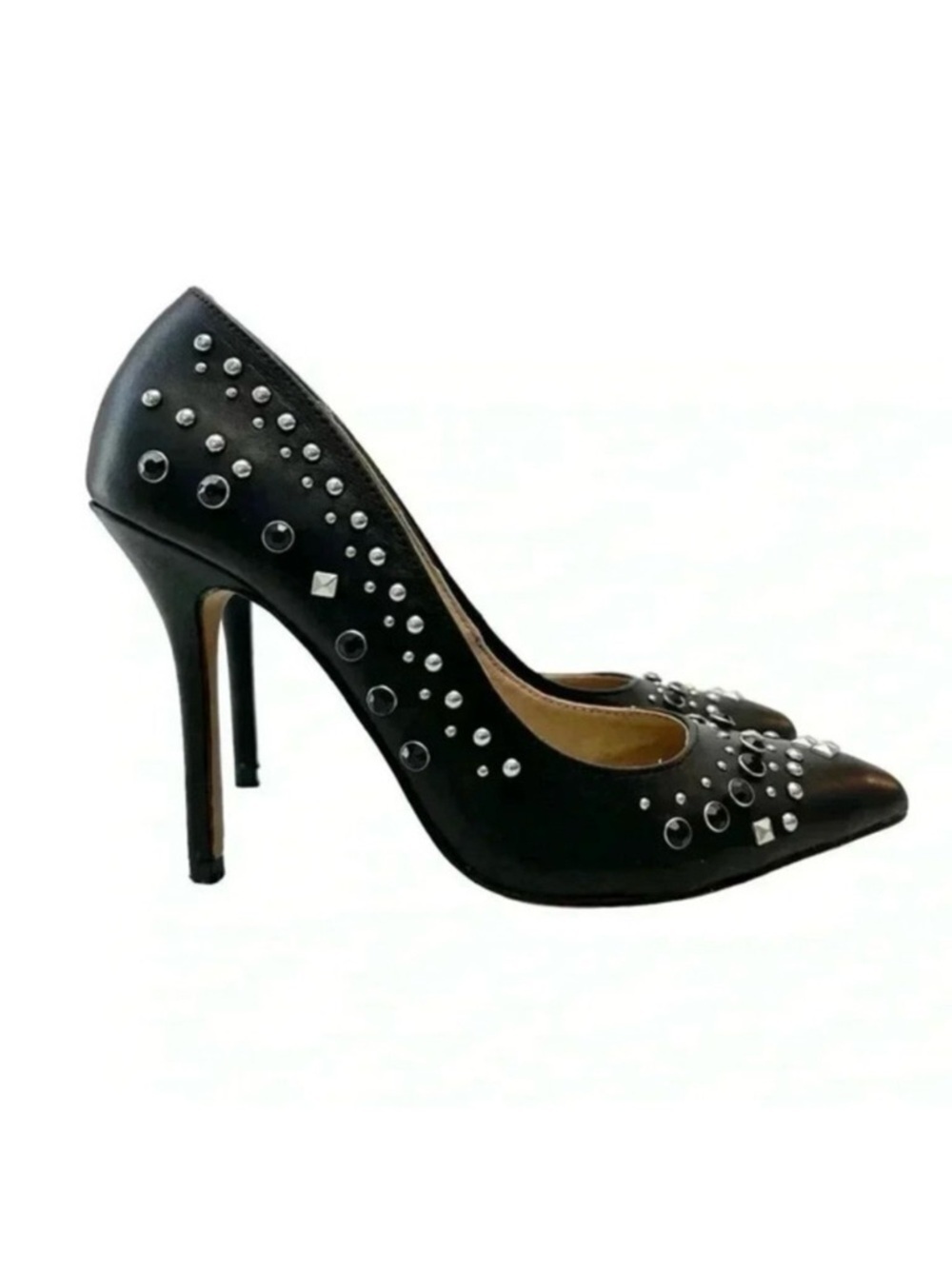 Aldo Black Leather Pumps Pointed Toe High Heel Rhinestone Studded Stilettos 7.5